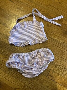 Girls Lilac Gingham Ruffle Bikini Set - Cute Halter Swim Top & Briefs